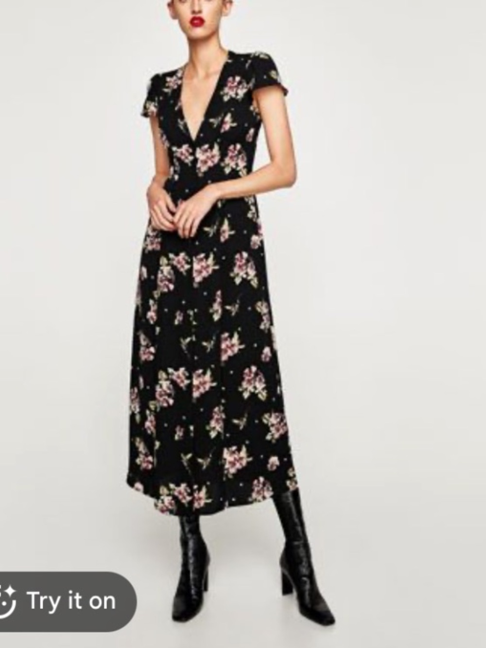Zara Black Floral Maxi Dress with Pink Blossoms size M - Picture 2 of 5